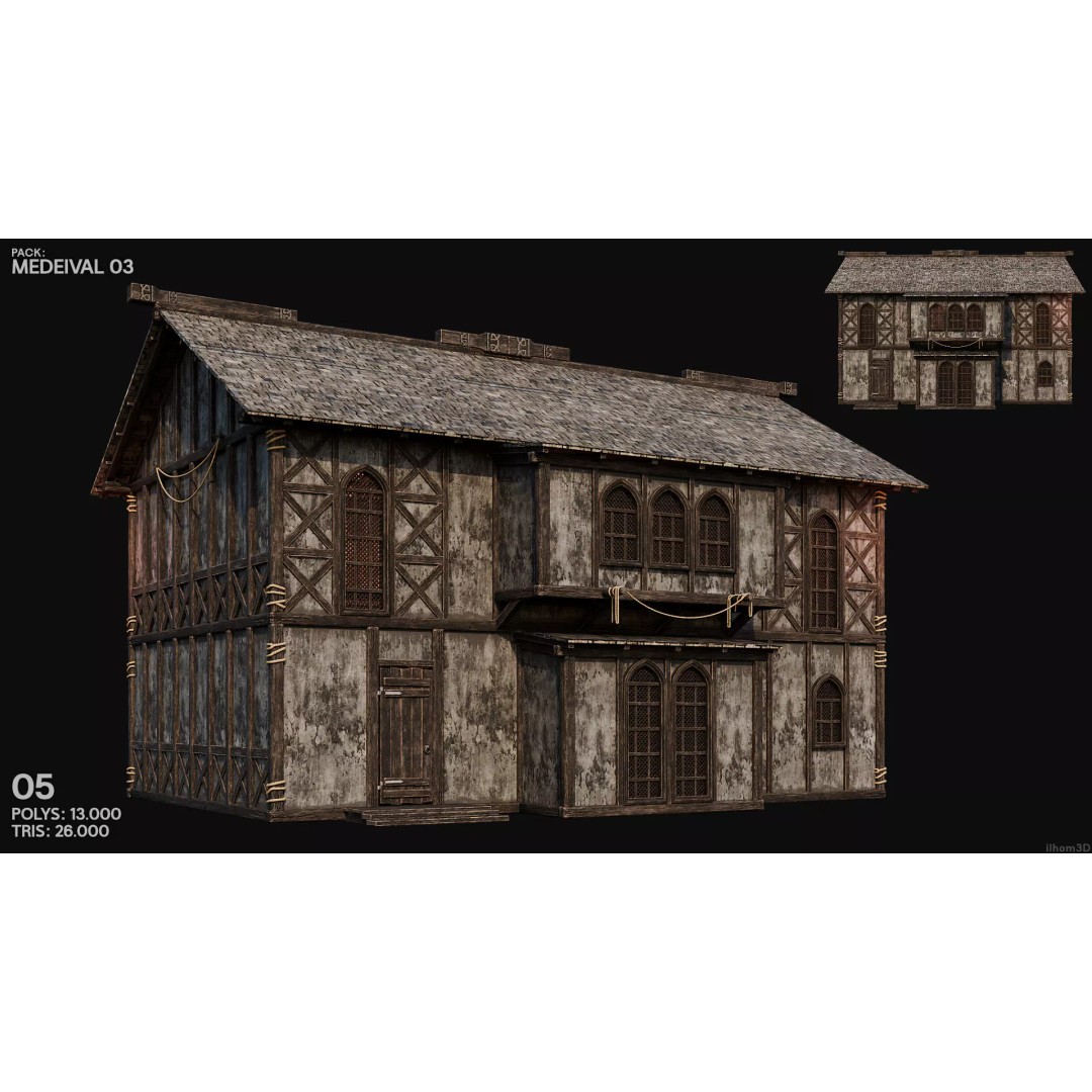 Medieval House 3D Model – Low Poly Historic Building with Interiors, FBX - View 7