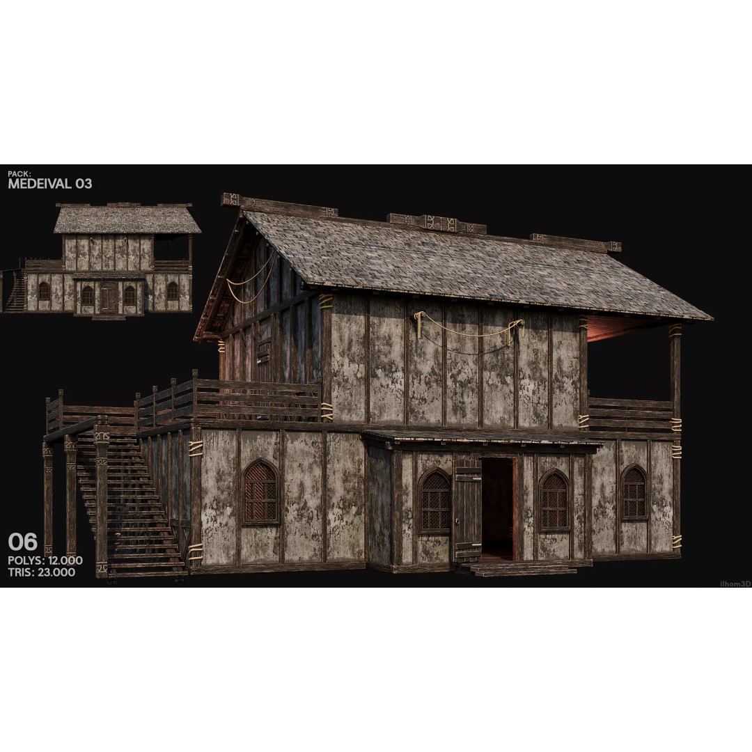 Medieval House 3D Model – Low Poly Historic Building with Interiors, FBX - View 8
