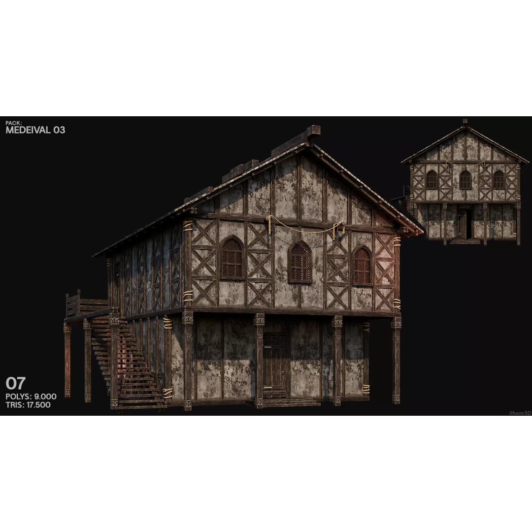 Medieval House 3D Model – Low Poly Historic Building with Interiors, FBX - View 9