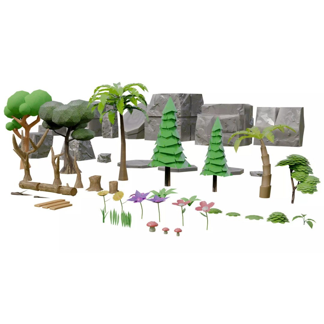 Mobile Game Assets 3D Model – Low Poly Nature Plants and Trees, FBX - View 2