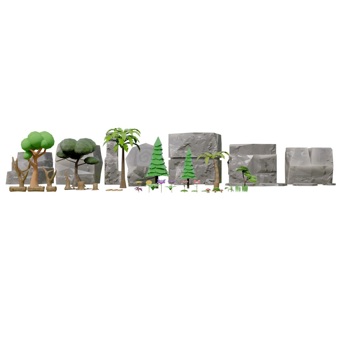 Mobile Game Assets 3D Model – Low Poly Nature Plants and Trees, FBX - View 3