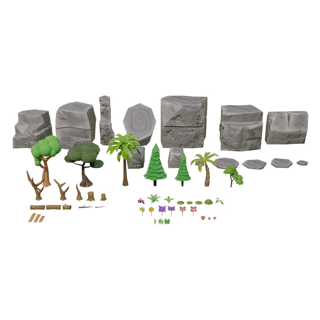 Mobile Game Assets 3D Model – Low Poly Nature Plants and Trees, FBX - View 4