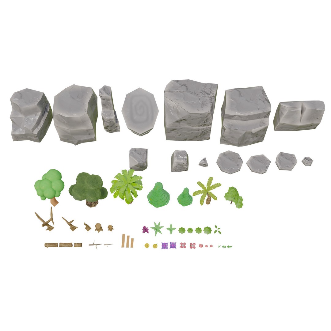 Mobile Game Assets 3D Model – Low Poly Nature Plants and Trees, FBX - View 5