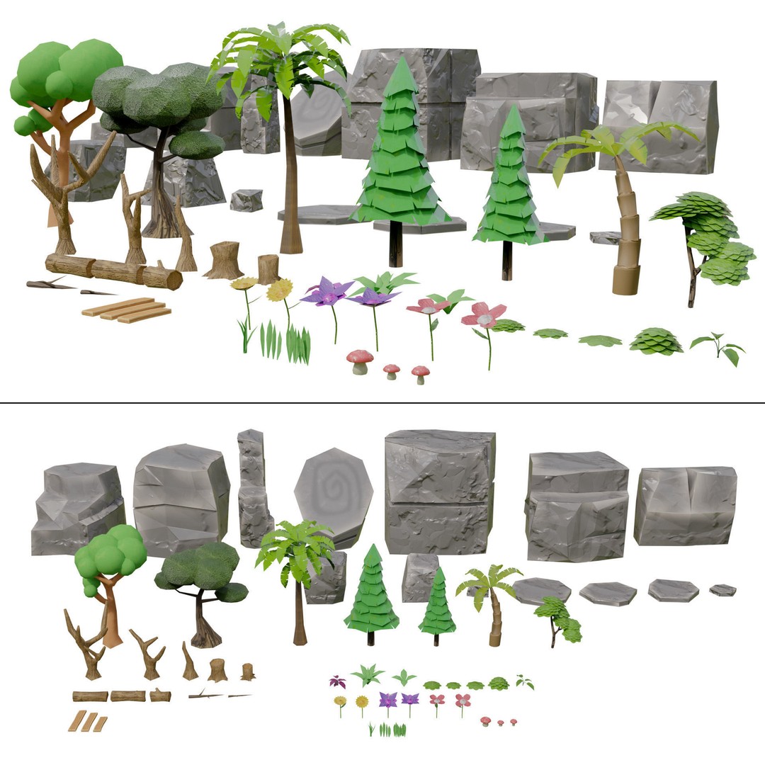 Mobile Game Assets 3D Model – Low Poly Nature Plants and Trees, FBX - View 6