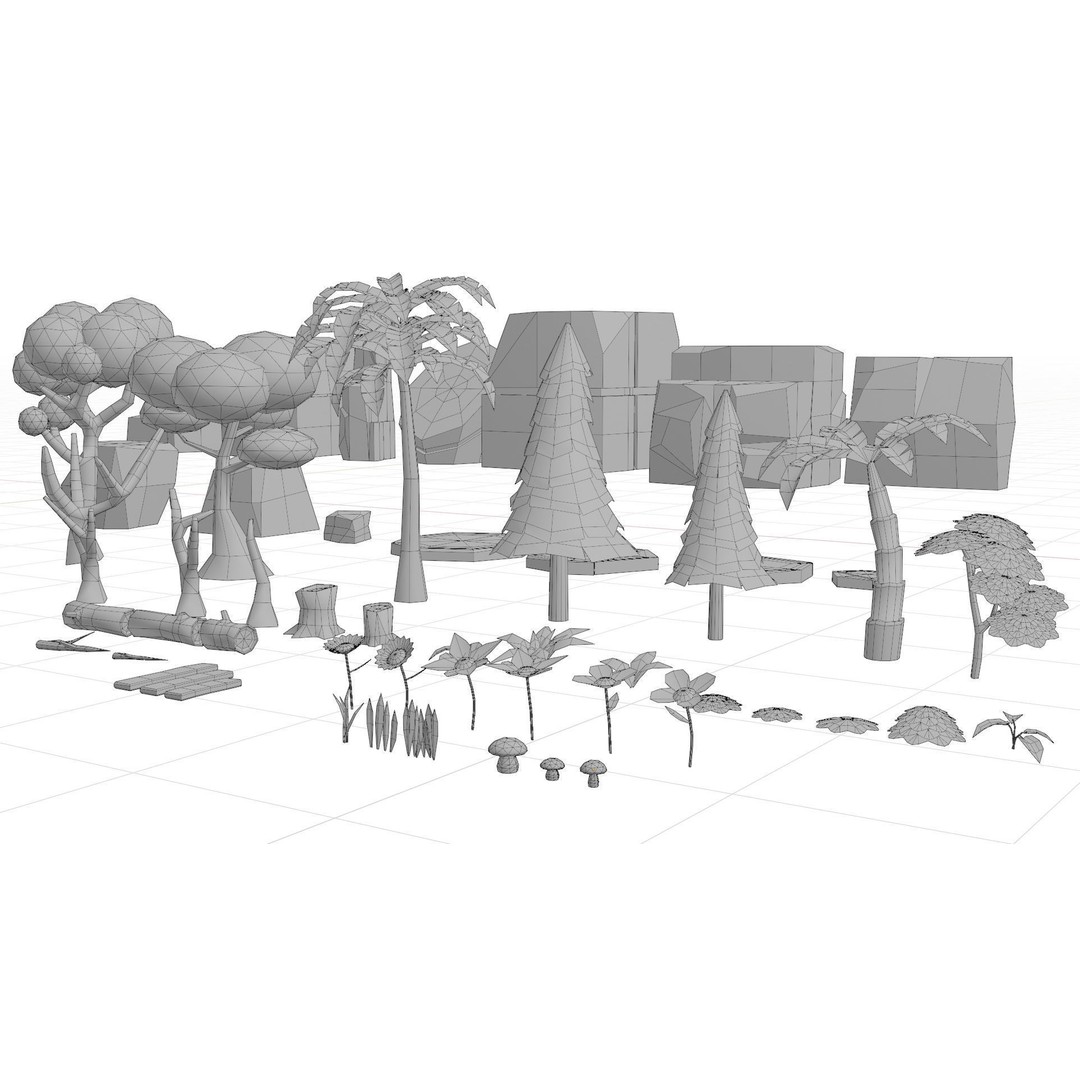 Mobile Game Assets 3D Model – Low Poly Nature Plants and Trees, FBX - View 7
