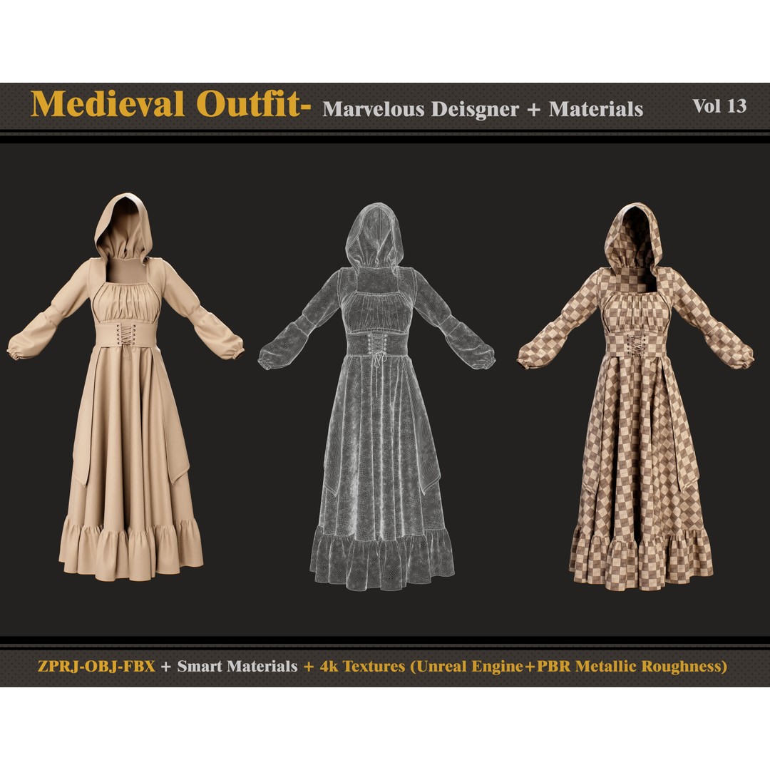 Medieval Outfit 3D Model – Female Clothing Set with 4K Textures