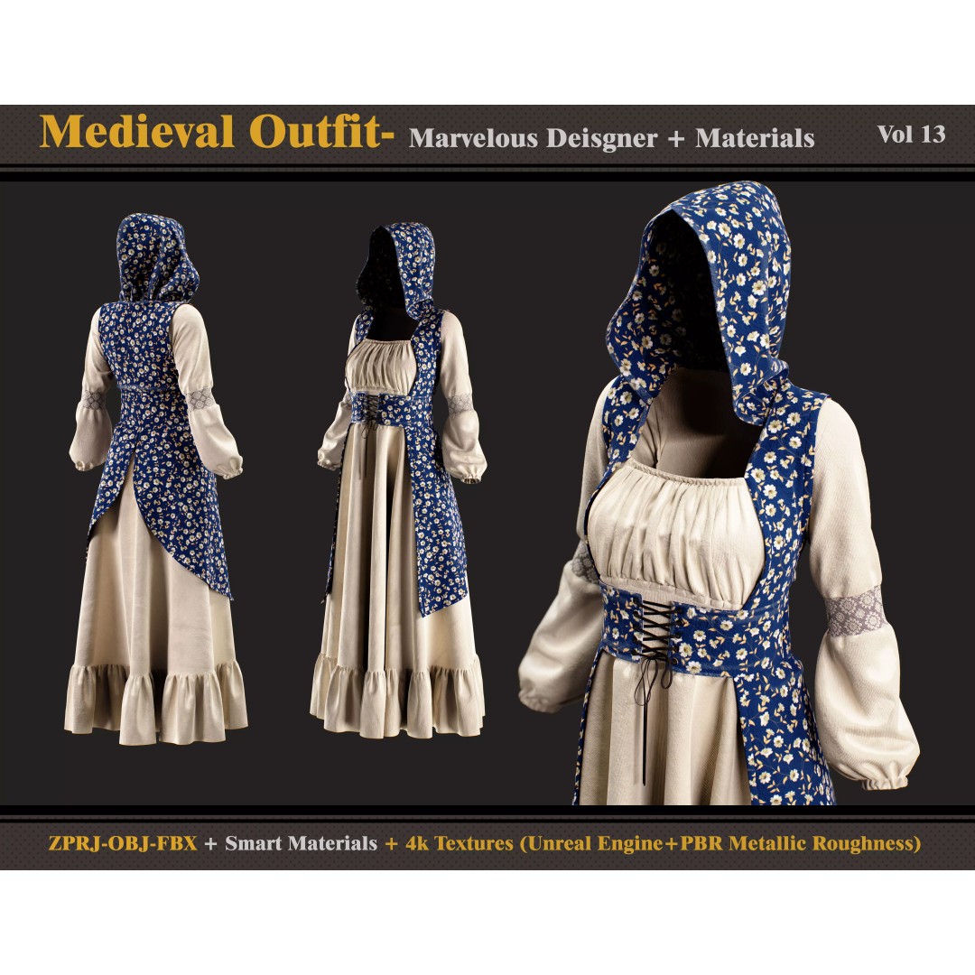 Medieval Outfit 3D Model – Female Clothing Set with 4K Textures - View 2