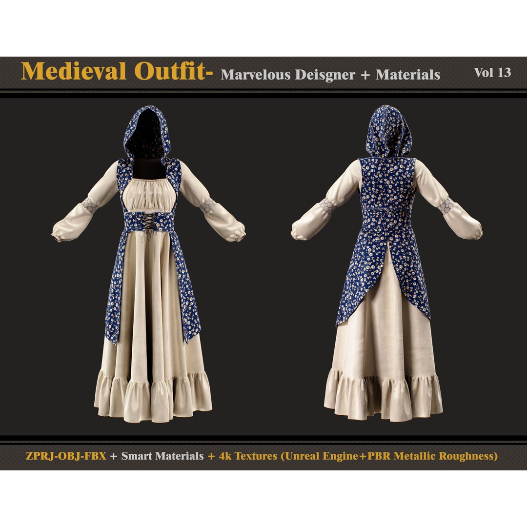 Medieval Outfit 3D Model – Female Clothing Set with 4K Textures - View 3