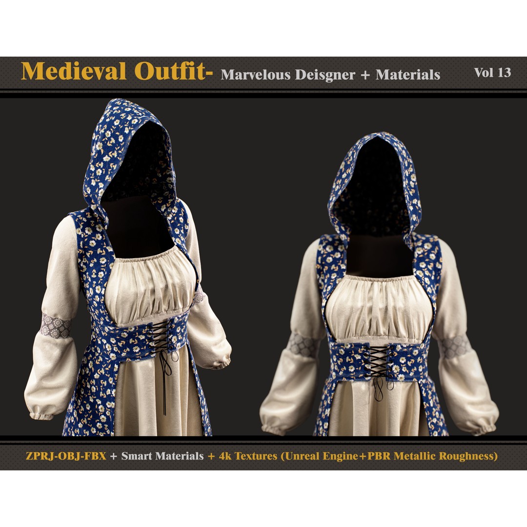 Medieval Outfit 3D Model – Female Clothing Set with 4K Textures - View 4