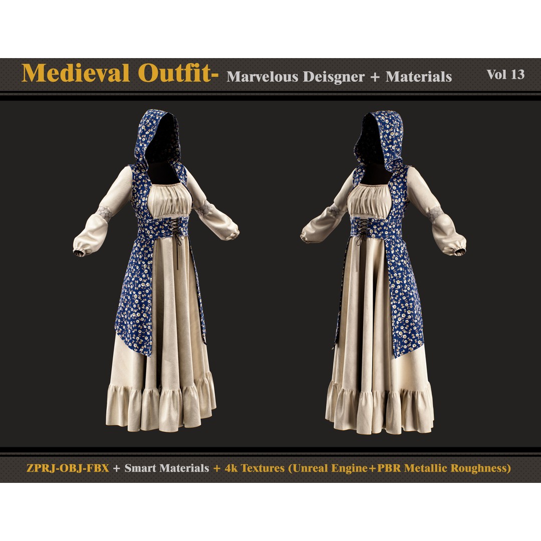Medieval Outfit 3D Model – Female Clothing Set with 4K Textures - View 5
