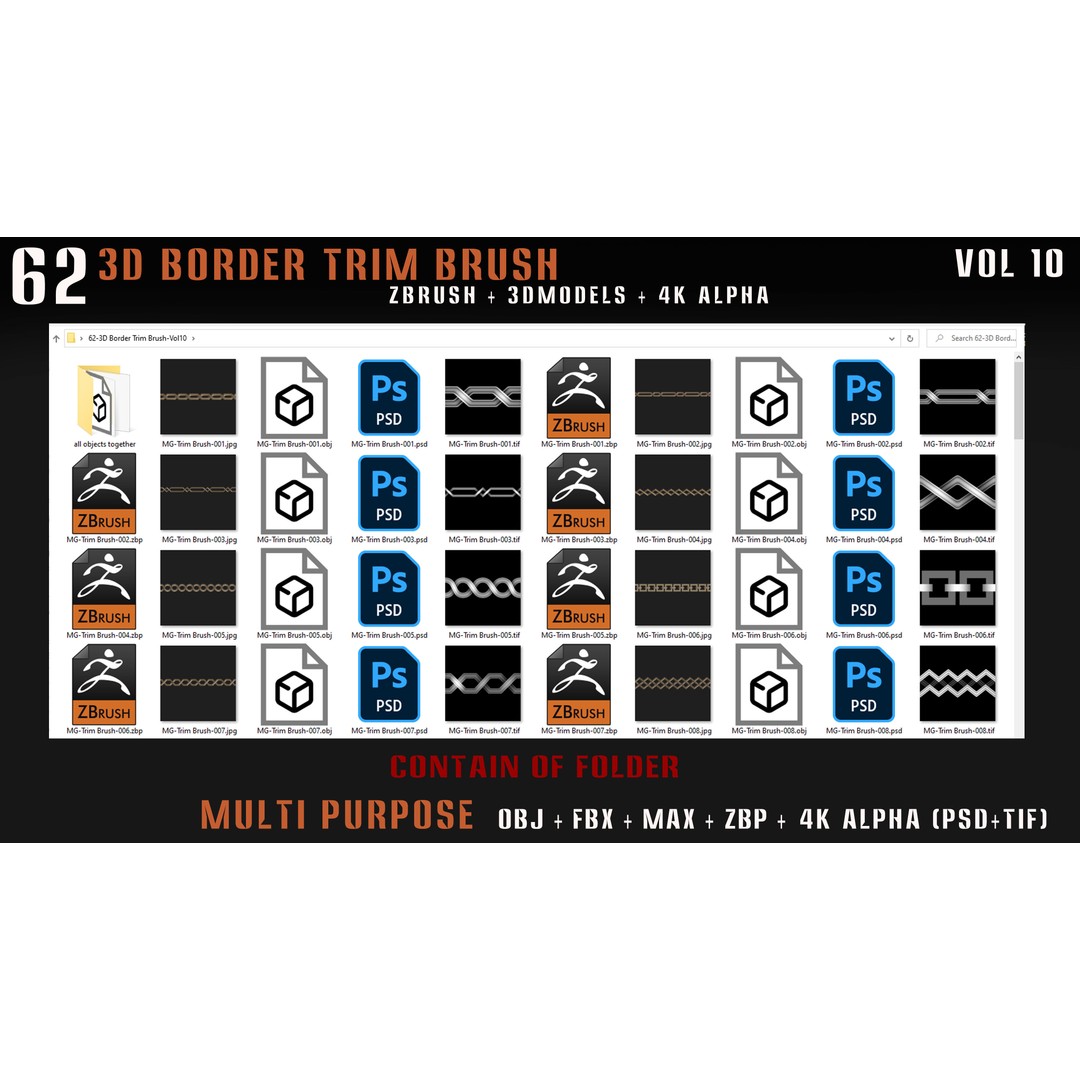 62 3D Border Trim Brushes – Tileable Textures, FBX, OBJ, ZBrush