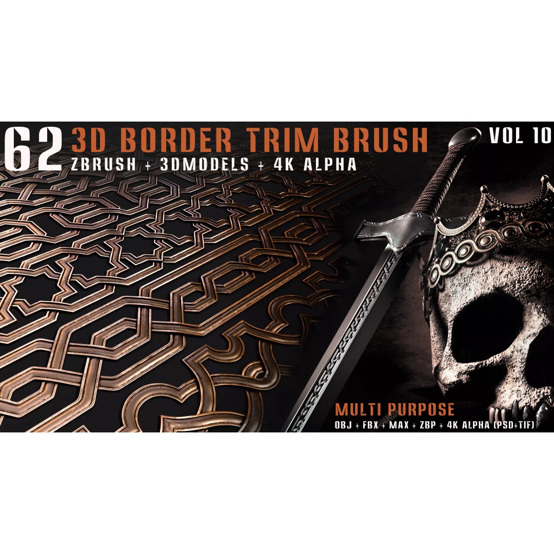 62 3D Border Trim Brushes – Tileable Textures, FBX, OBJ, ZBrush - View 2