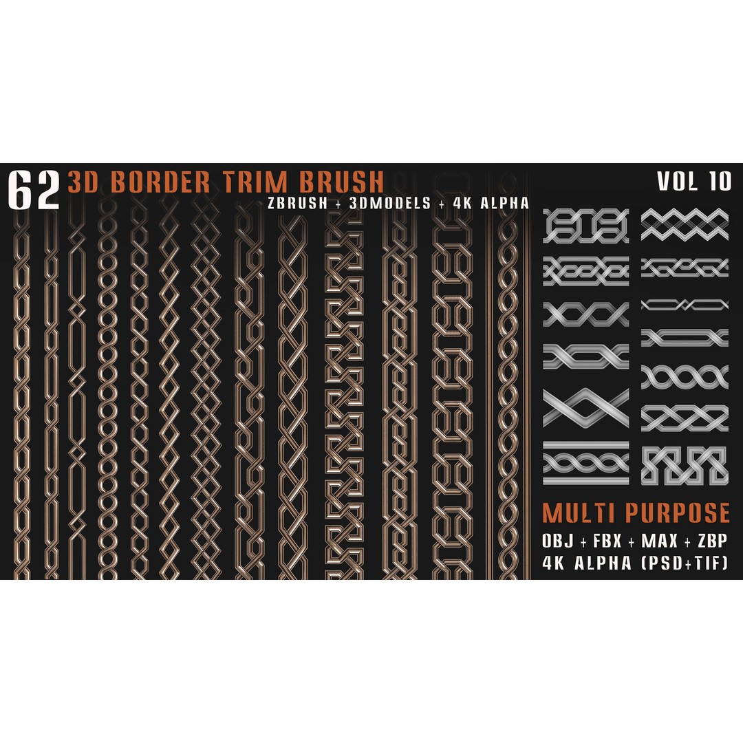 62 3D Border Trim Brushes – Tileable Textures, FBX, OBJ, ZBrush - View 3