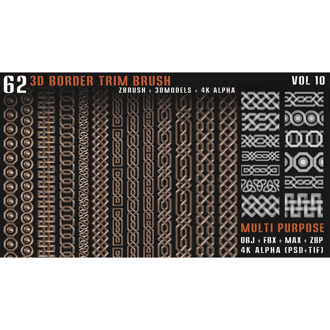 62 3D Border Trim Brushes – Tileable Textures, FBX, OBJ, ZBrush - View 4