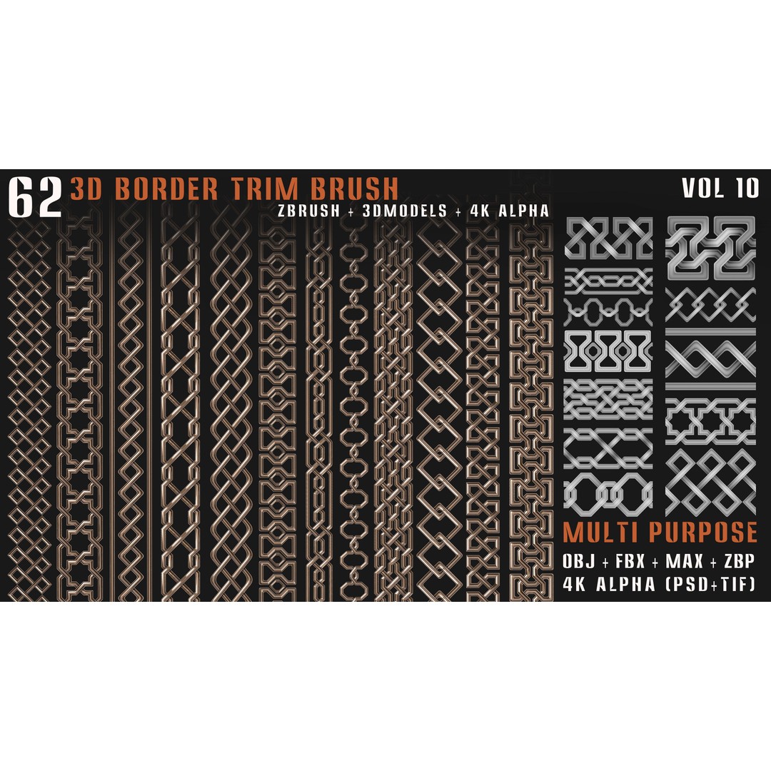 62 3D Border Trim Brushes – Tileable Textures, FBX, OBJ, ZBrush - View 5