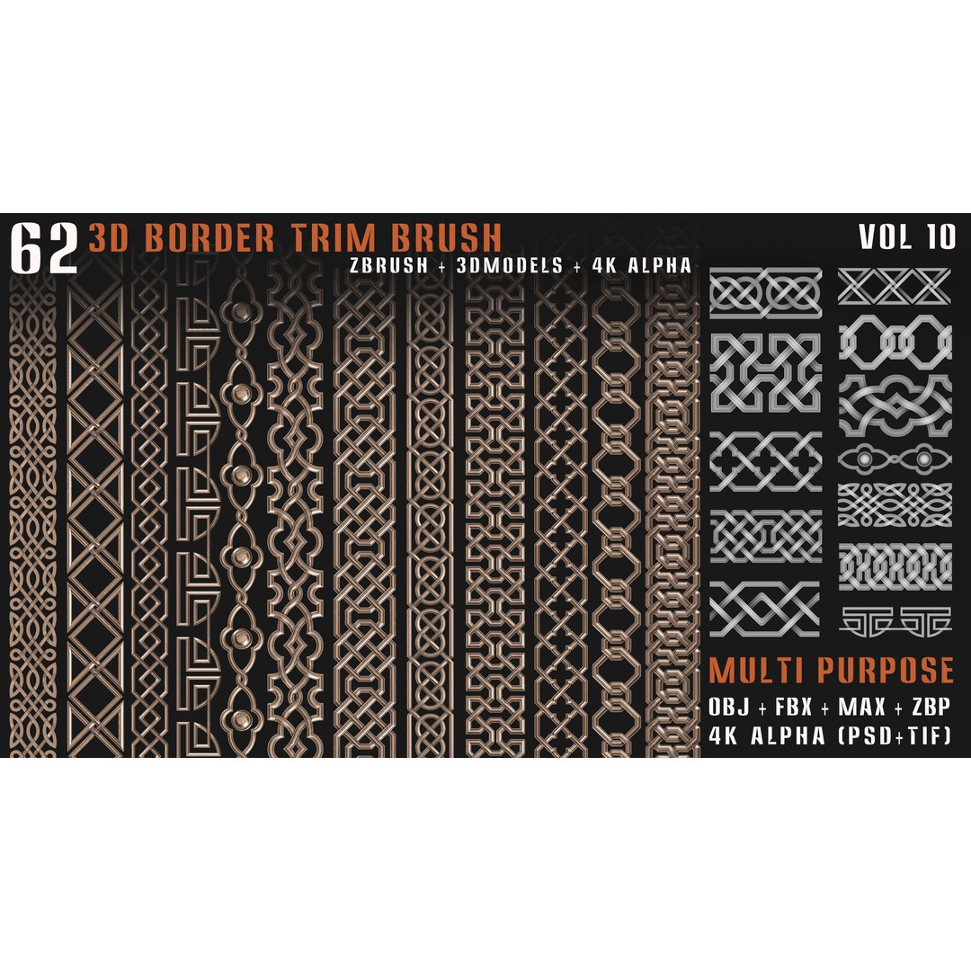 62 3D Border Trim Brushes – Tileable Textures, FBX, OBJ, ZBrush - View 6