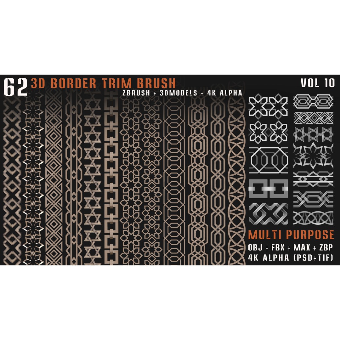 62 3D Border Trim Brushes – Tileable Textures, FBX, OBJ, ZBrush - View 7