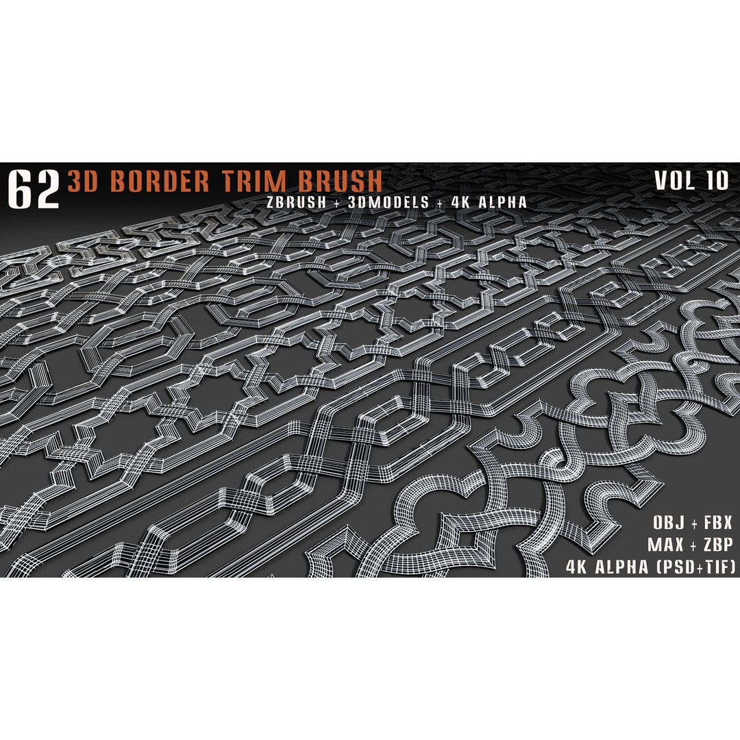 62 3D Border Trim Brushes – Tileable Textures, FBX, OBJ, ZBrush - View 8