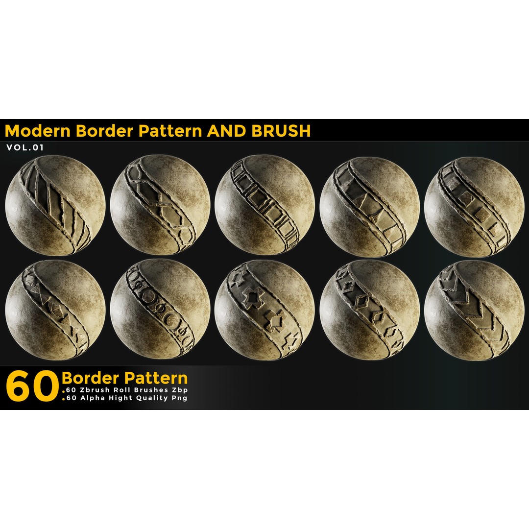 60 Modern Border Pattern 3D Model – Tileable ZBrush Alphas, 4K