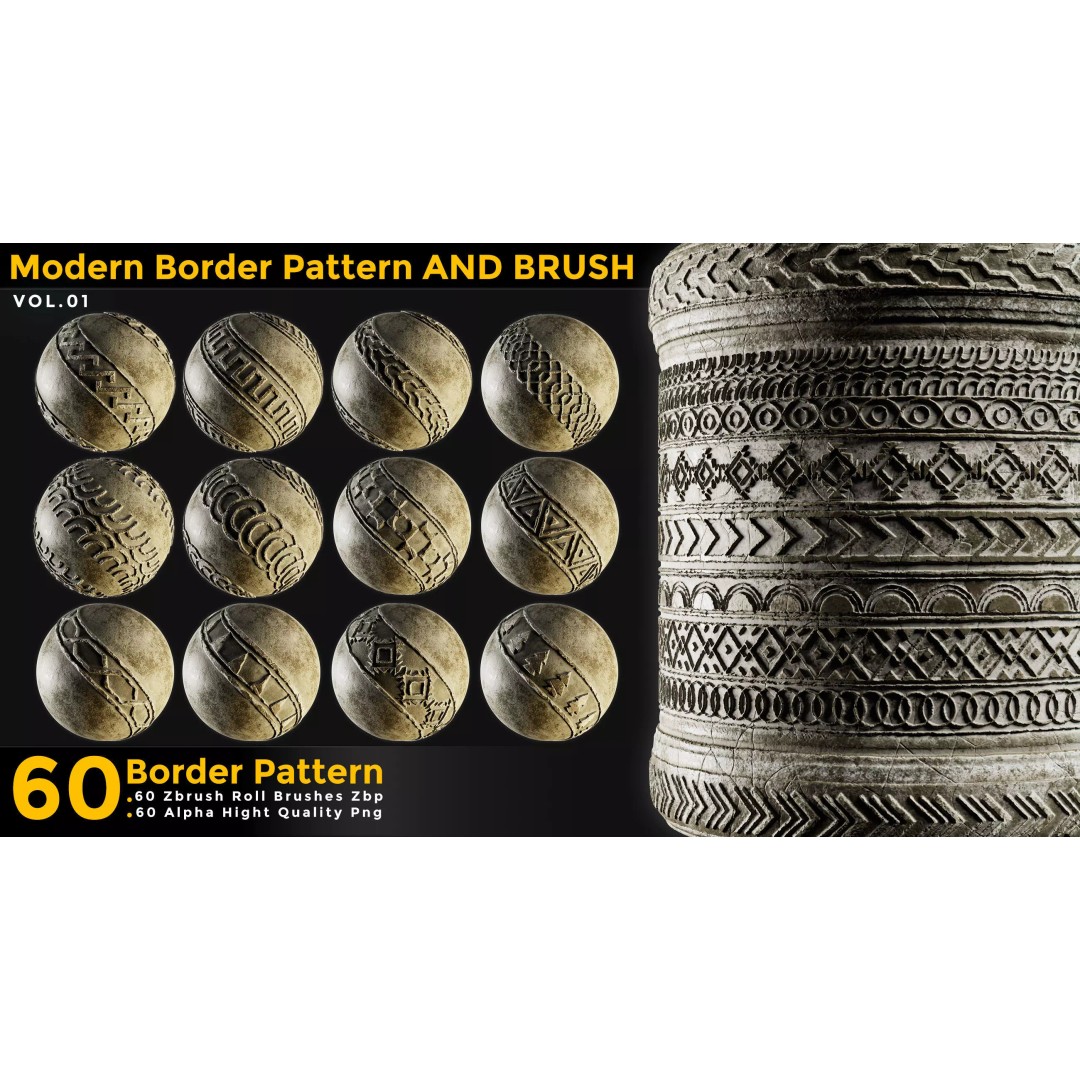 60 Modern Border Pattern 3D Model – Tileable ZBrush Alphas, 4K - View 2