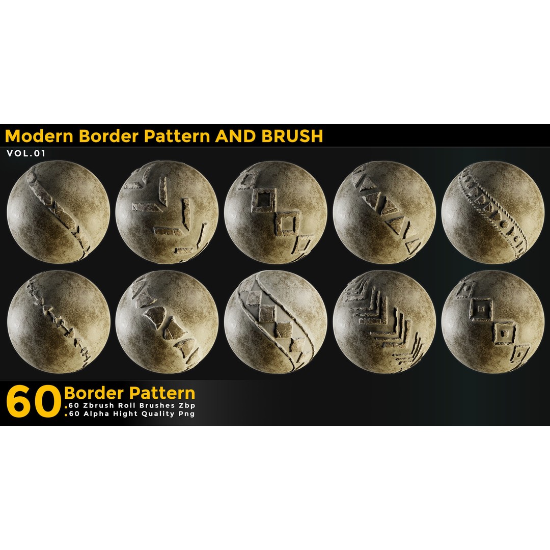 60 Modern Border Pattern 3D Model – Tileable ZBrush Alphas, 4K - View 3