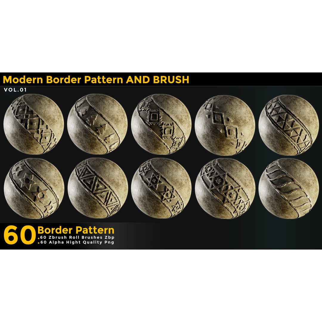 60 Modern Border Pattern 3D Model – Tileable ZBrush Alphas, 4K - View 6