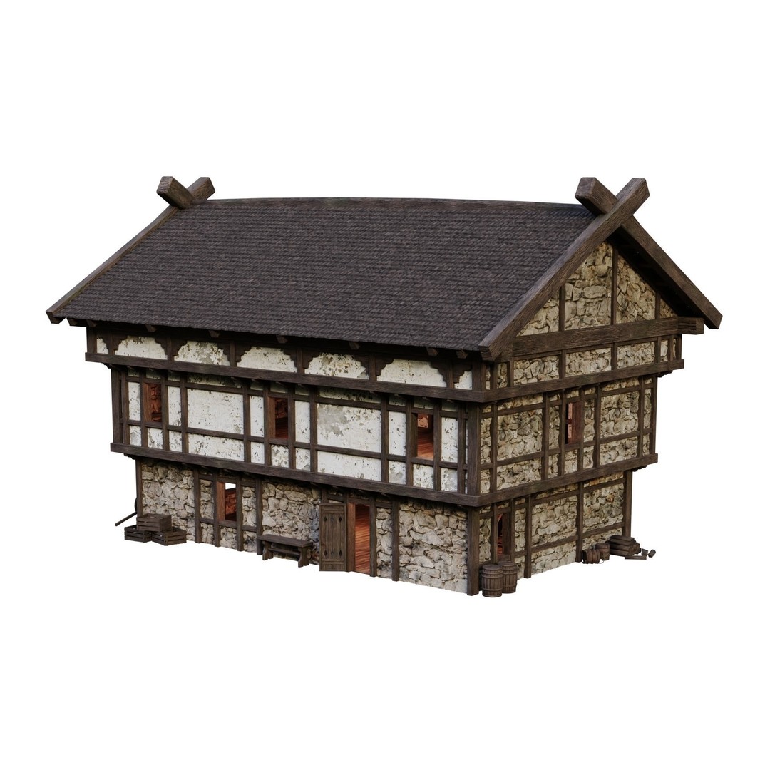 Old Medieval Building 3D Model – Low Poly Game Ready with 4K Textures