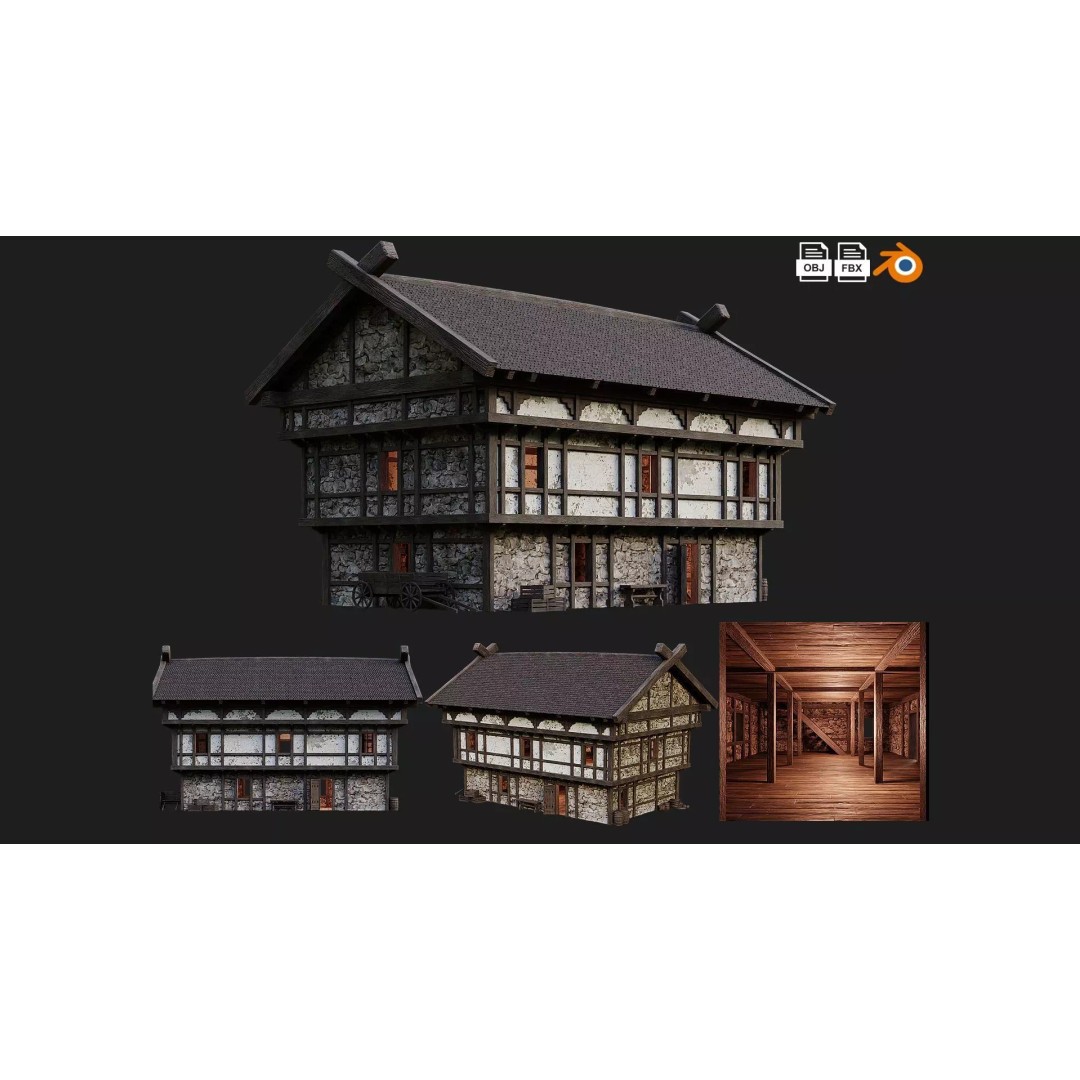 Old Medieval Building 3D Model – Low Poly Game Ready with 4K Textures - View 2
