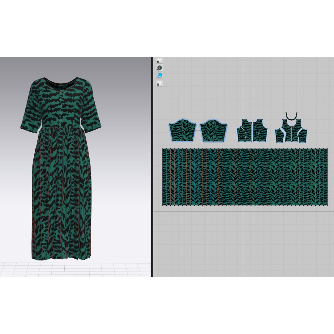 Elegant Green Abstract Midi Dress 3D Model – CLO 3D Design, FBX, OBJ