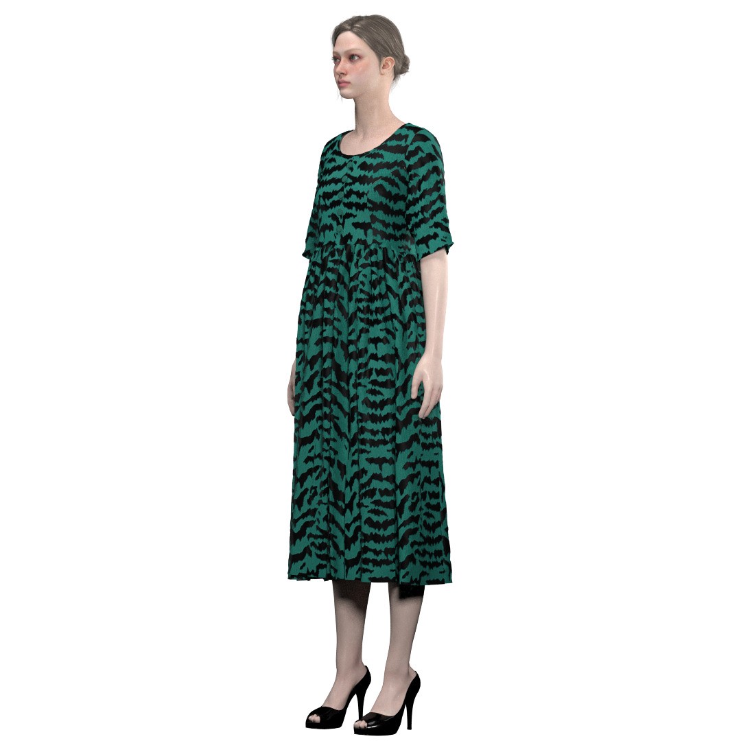 Elegant Green Abstract Midi Dress 3D Model – CLO 3D Design, FBX, OBJ - View 10