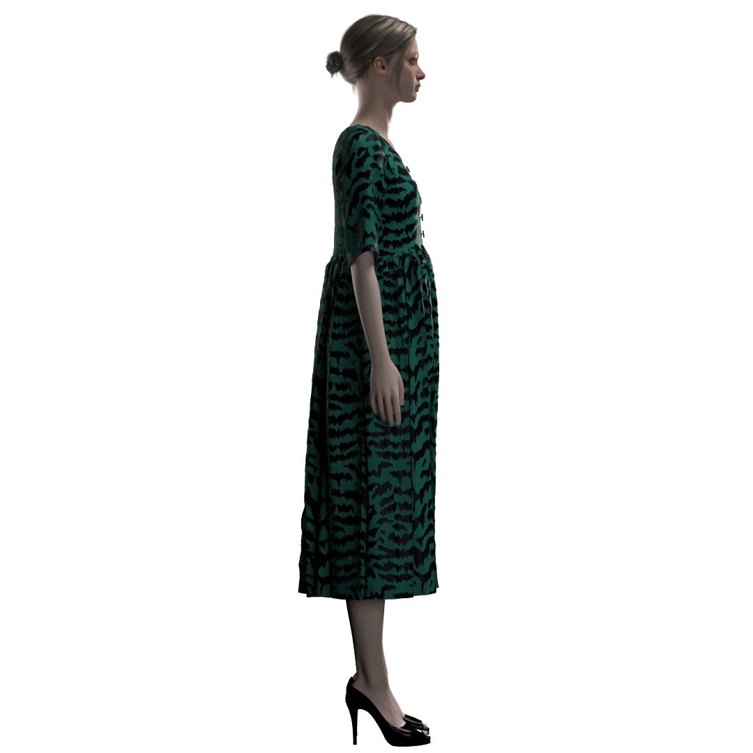 Elegant Green Abstract Midi Dress 3D Model – CLO 3D Design, FBX, OBJ - View 11