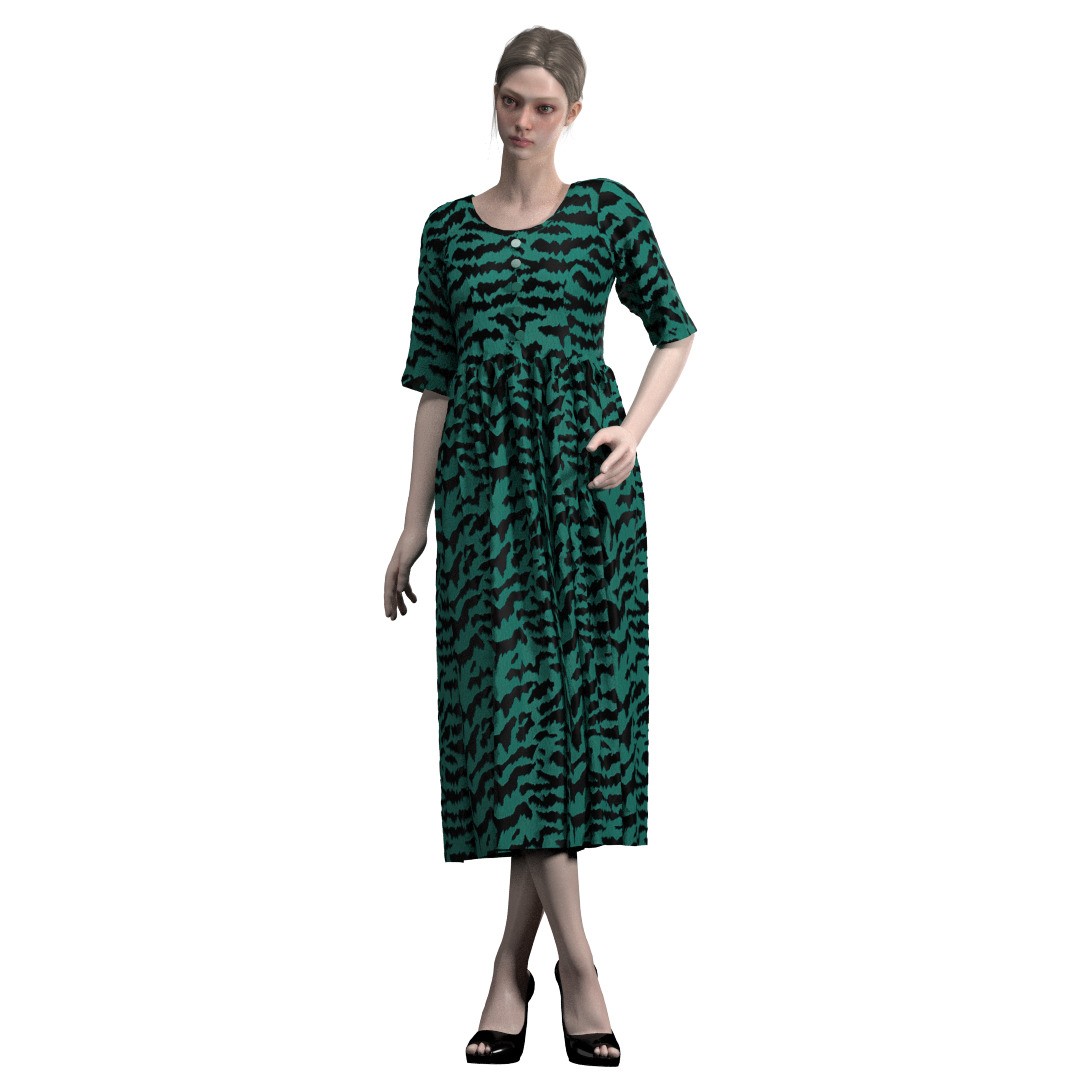 Elegant Green Abstract Midi Dress 3D Model – CLO 3D Design, FBX, OBJ - View 14