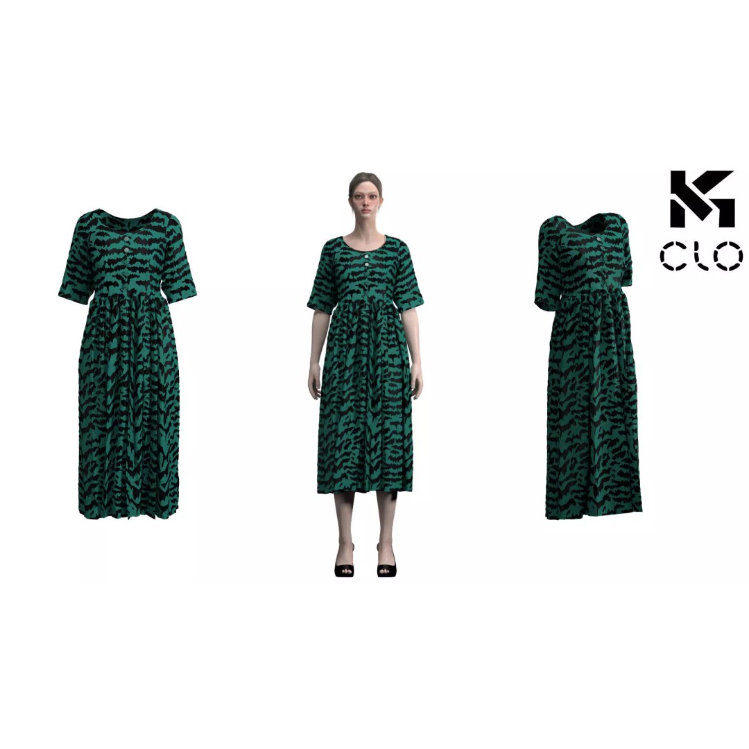 Elegant Green Abstract Midi Dress 3D Model – CLO 3D Design, FBX, OBJ - View 2