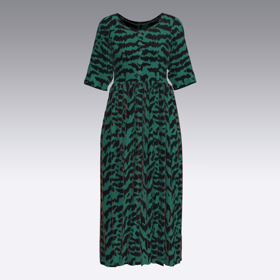 Elegant Green Abstract Midi Dress 3D Model – CLO 3D Design, FBX, OBJ - View 3