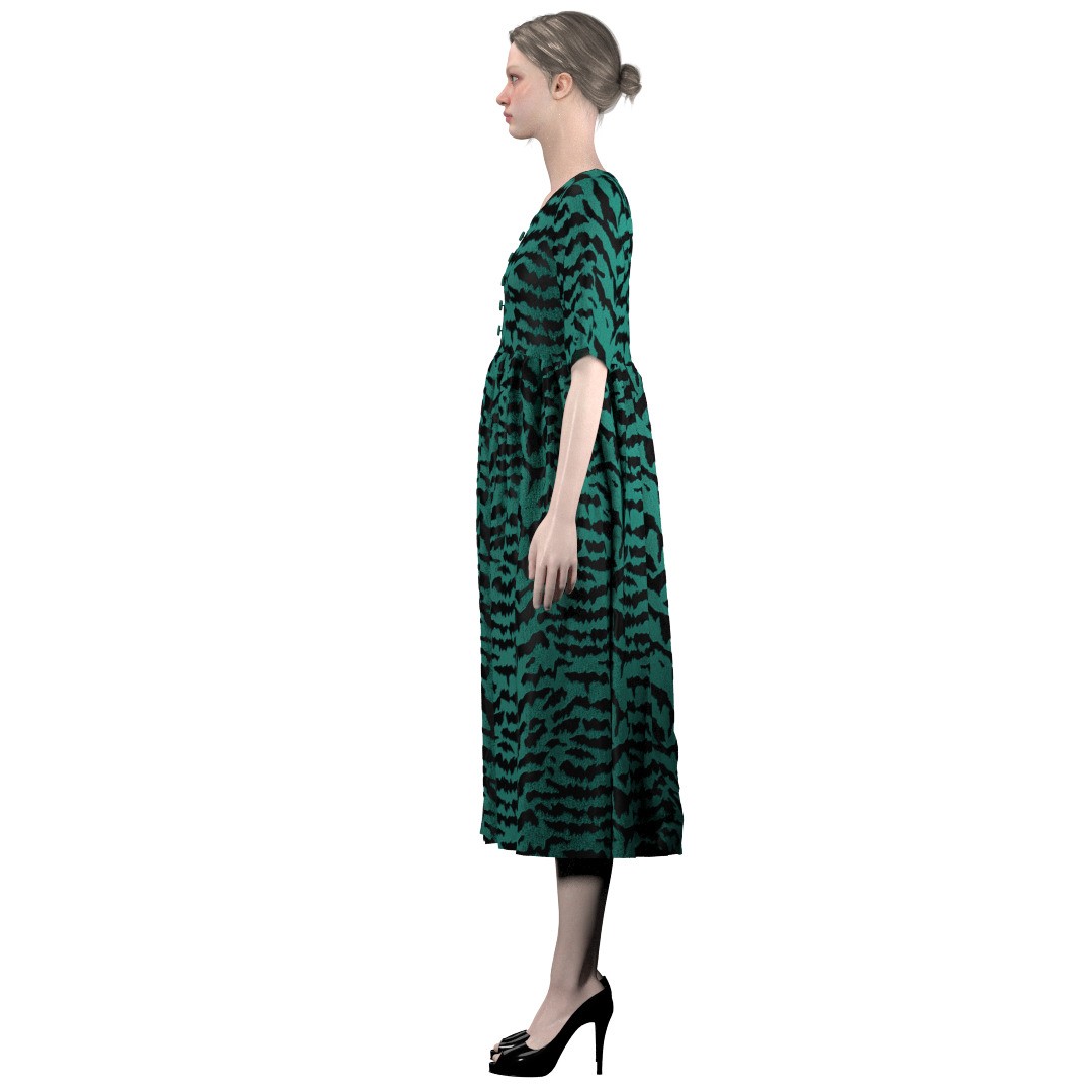 Elegant Green Abstract Midi Dress 3D Model – CLO 3D Design, FBX, OBJ - View 4