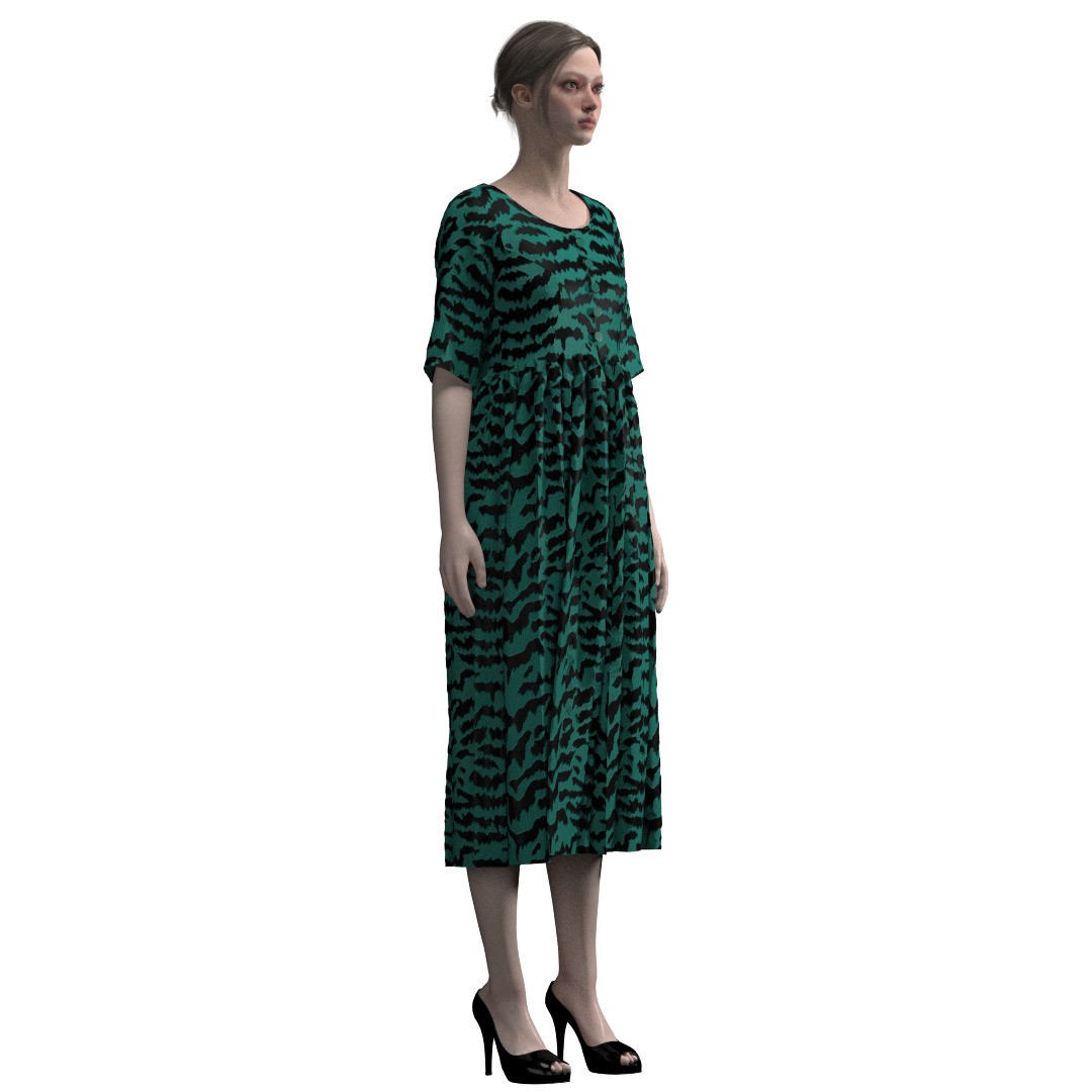 Elegant Green Abstract Midi Dress 3D Model – CLO 3D Design, FBX, OBJ - View 5