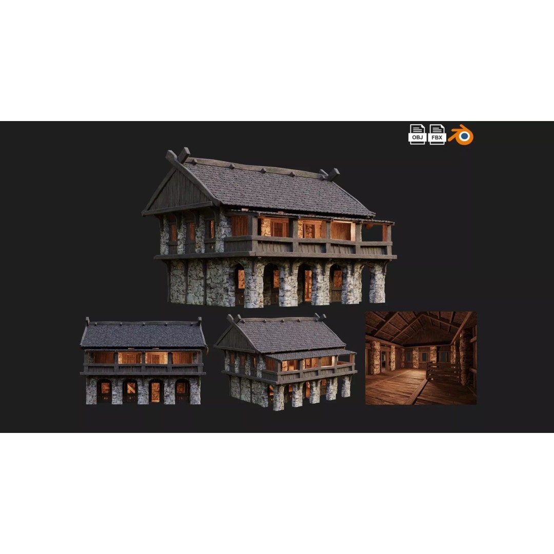 Old Medieval Building 3D Model – Low Poly Game Ready with PBR Textures - View 2