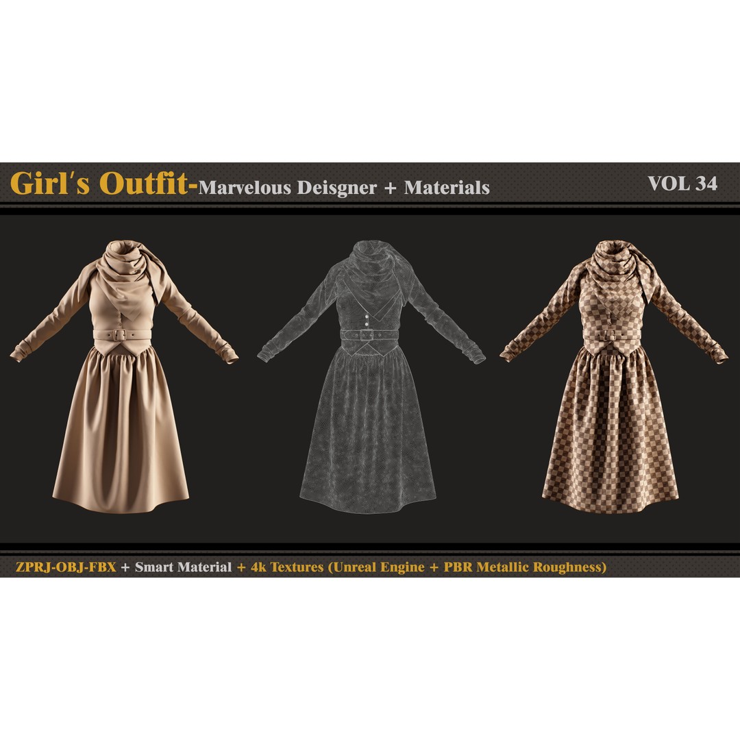 Girls Outfit 3D Model – Fashionable Clothing Set with Textures, FBX