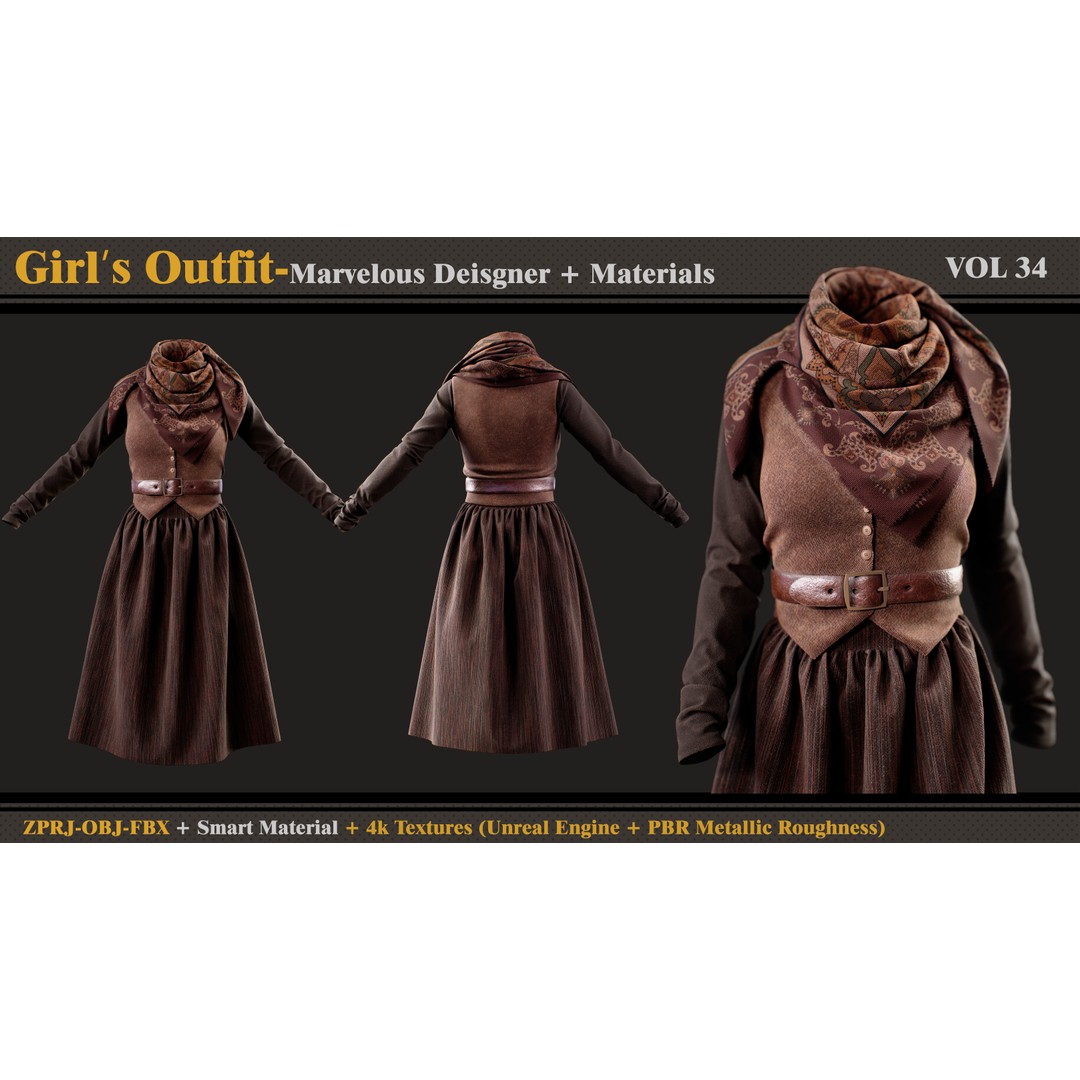 Girls Outfit 3D Model – Fashionable Clothing Set with Textures, FBX - View 3