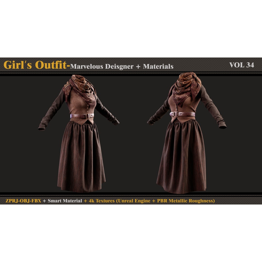Girls Outfit 3D Model – Fashionable Clothing Set with Textures, FBX - View 4