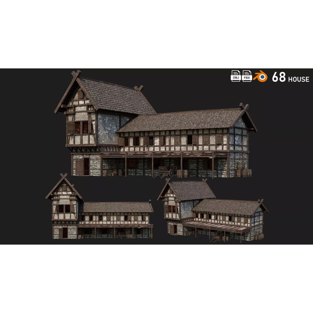 Old Medieval House 3D Model – Low Poly Game Ready Asset, FBX & OBJ - View 2