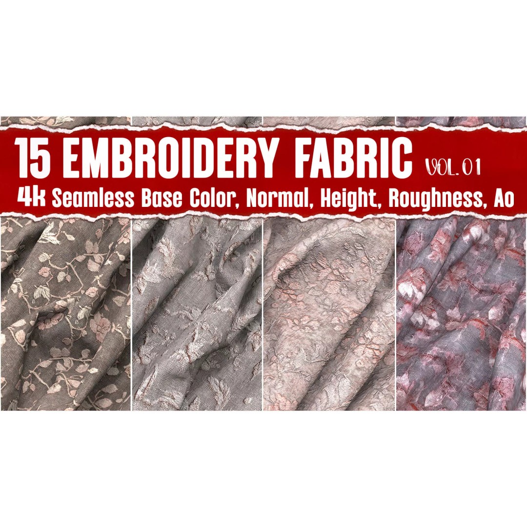 Embroidery Fabric 3D Model – 4K Seamless PBR Textures, PNG - View 2