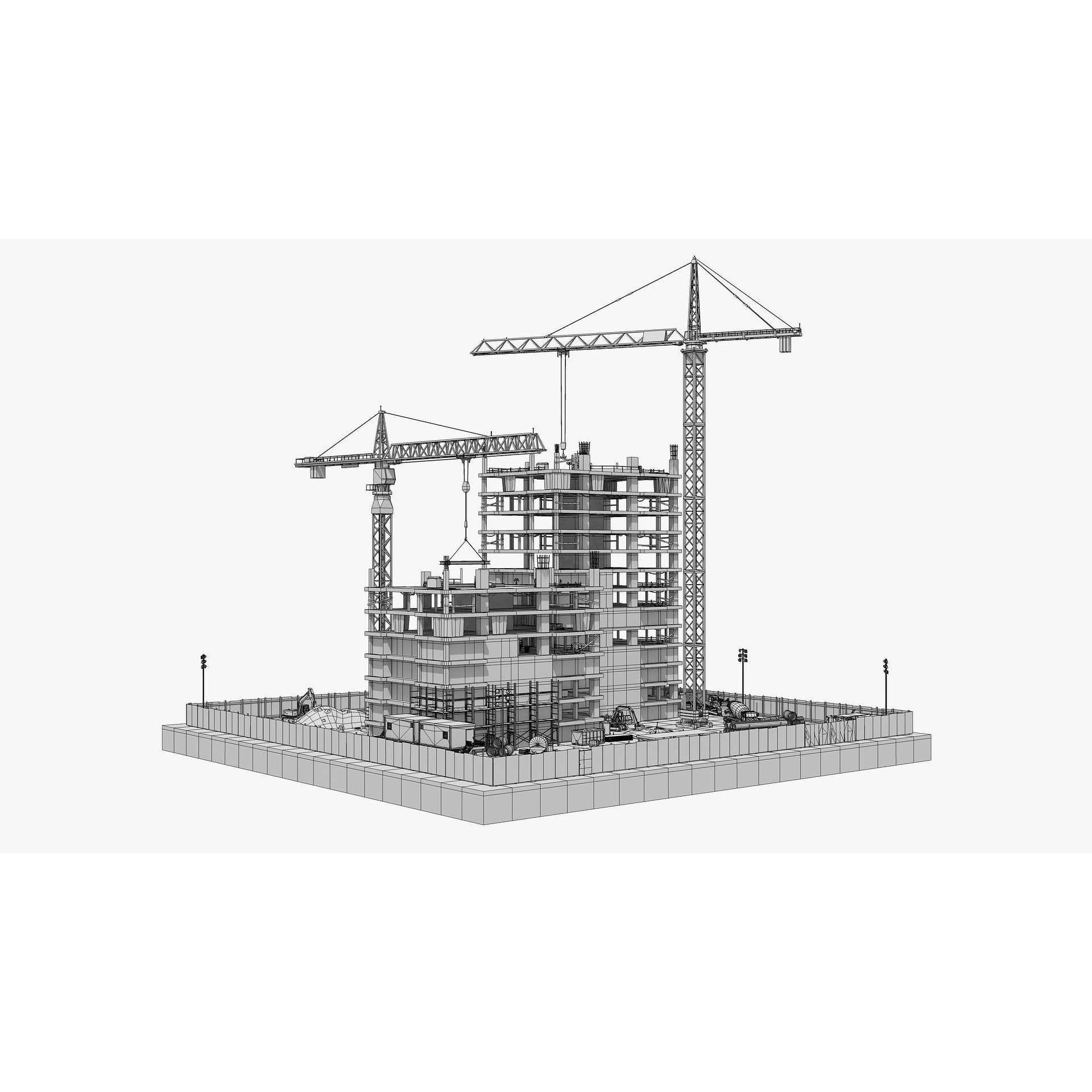 Two Tower Building Under Construction - Low-Poly Game-Ready 3D Model - View 12