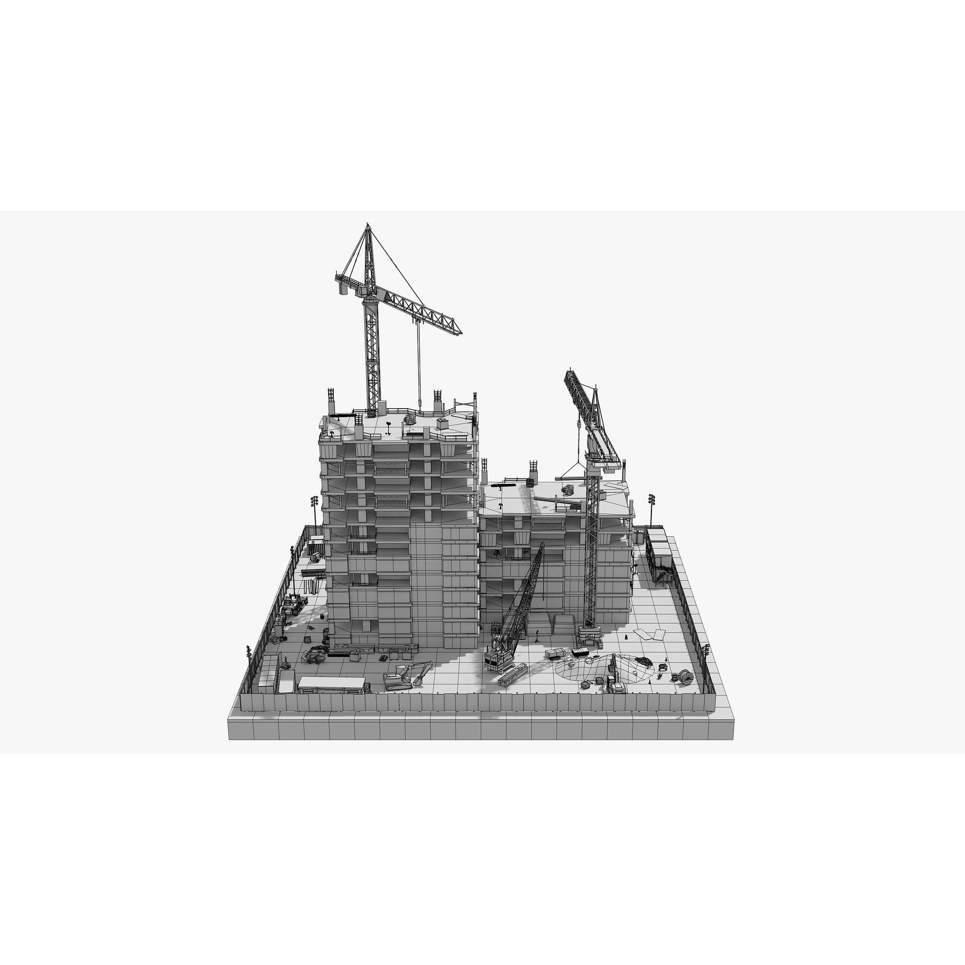 Two Tower Building Under Construction - Low-Poly Game-Ready 3D Model - View 13