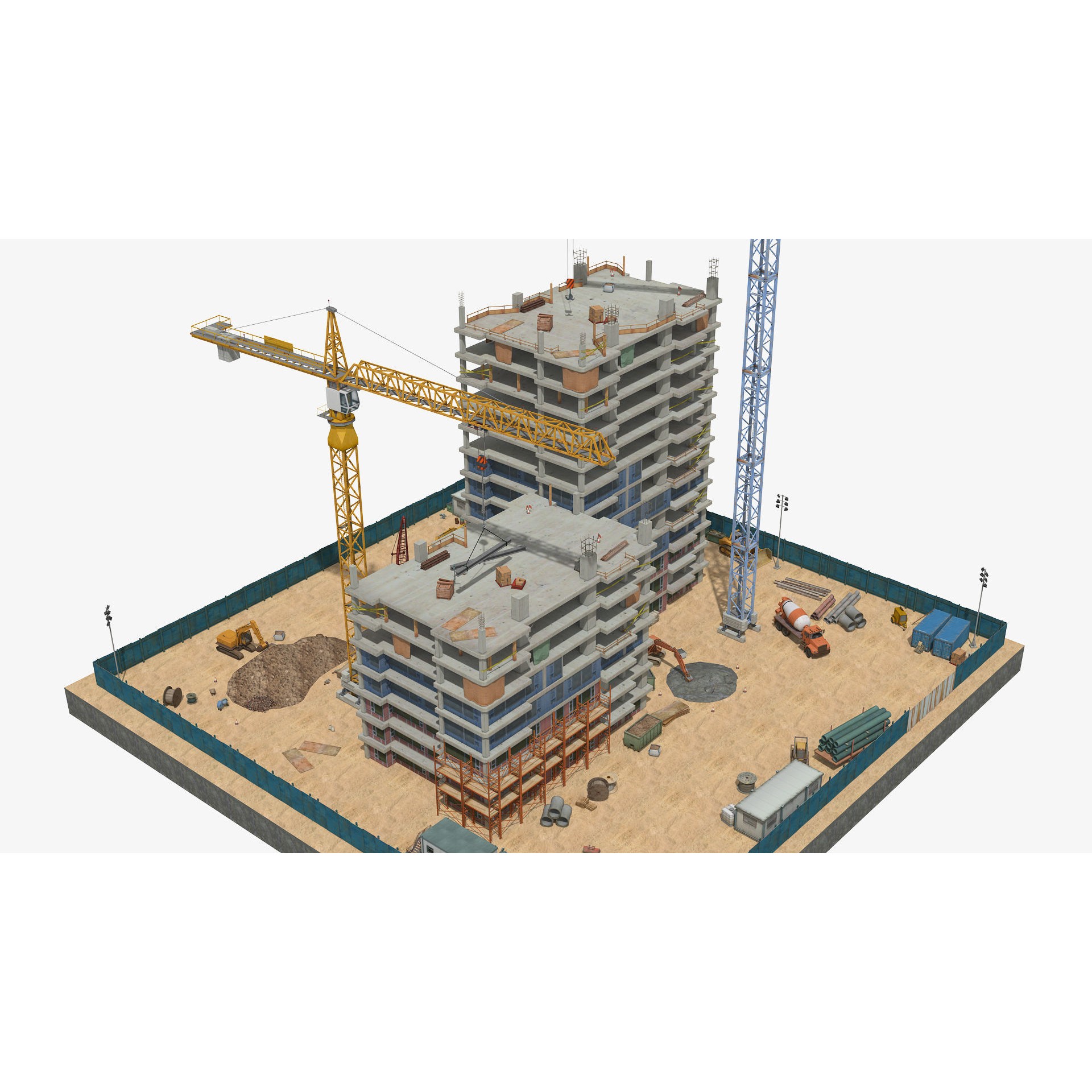 Two Tower Building Under Construction - Low-Poly Game-Ready 3D Model - View 3