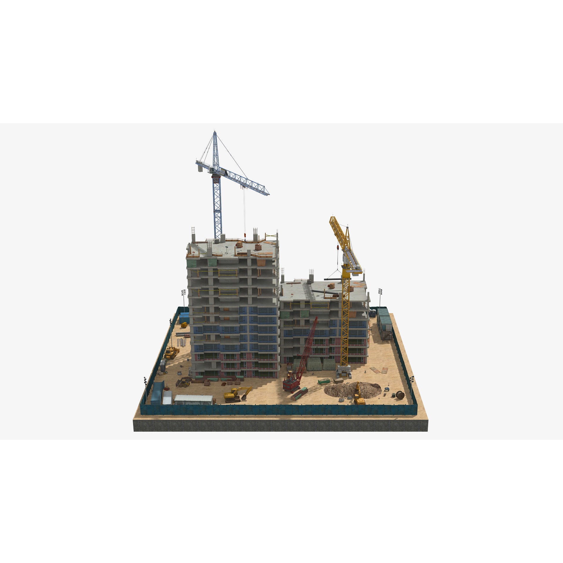 Two Tower Building Under Construction - Low-Poly Game-Ready 3D Model - View 4