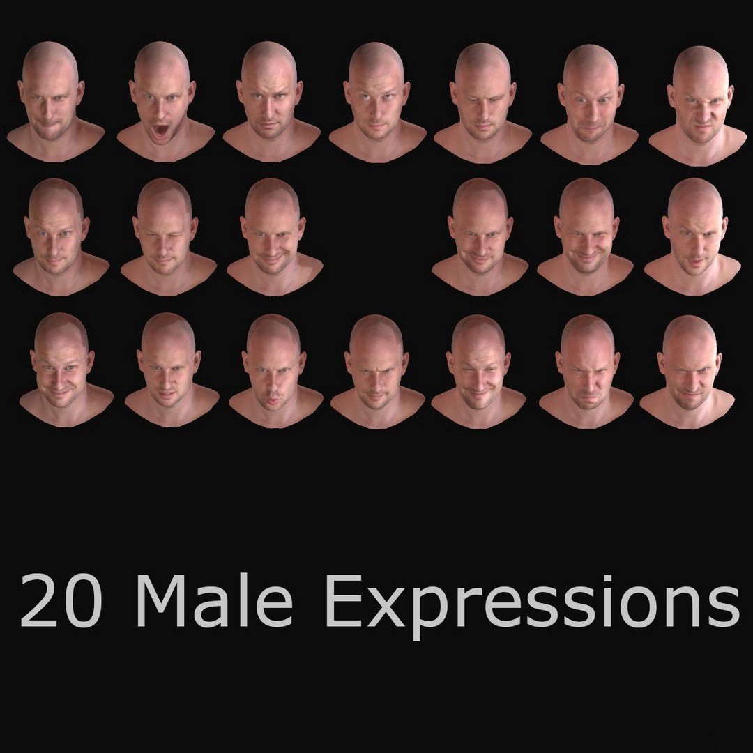 Realistic Male Expressions 3D Model – Low Poly Game Ready, FBX, OBJ - View 3