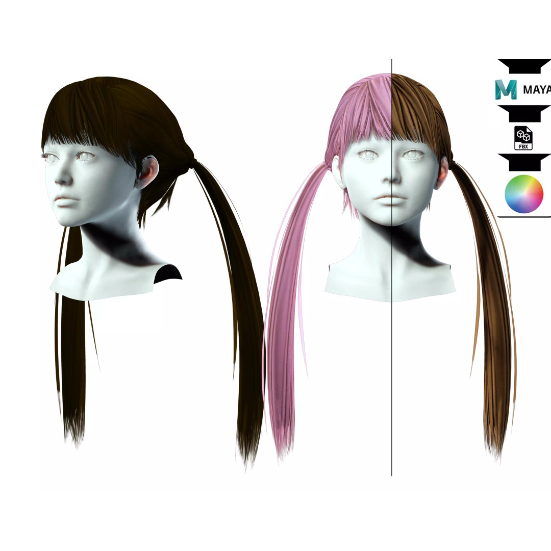Female Long Up Pigtail 3D Model – Low Poly Hair Style, FBX - View 2