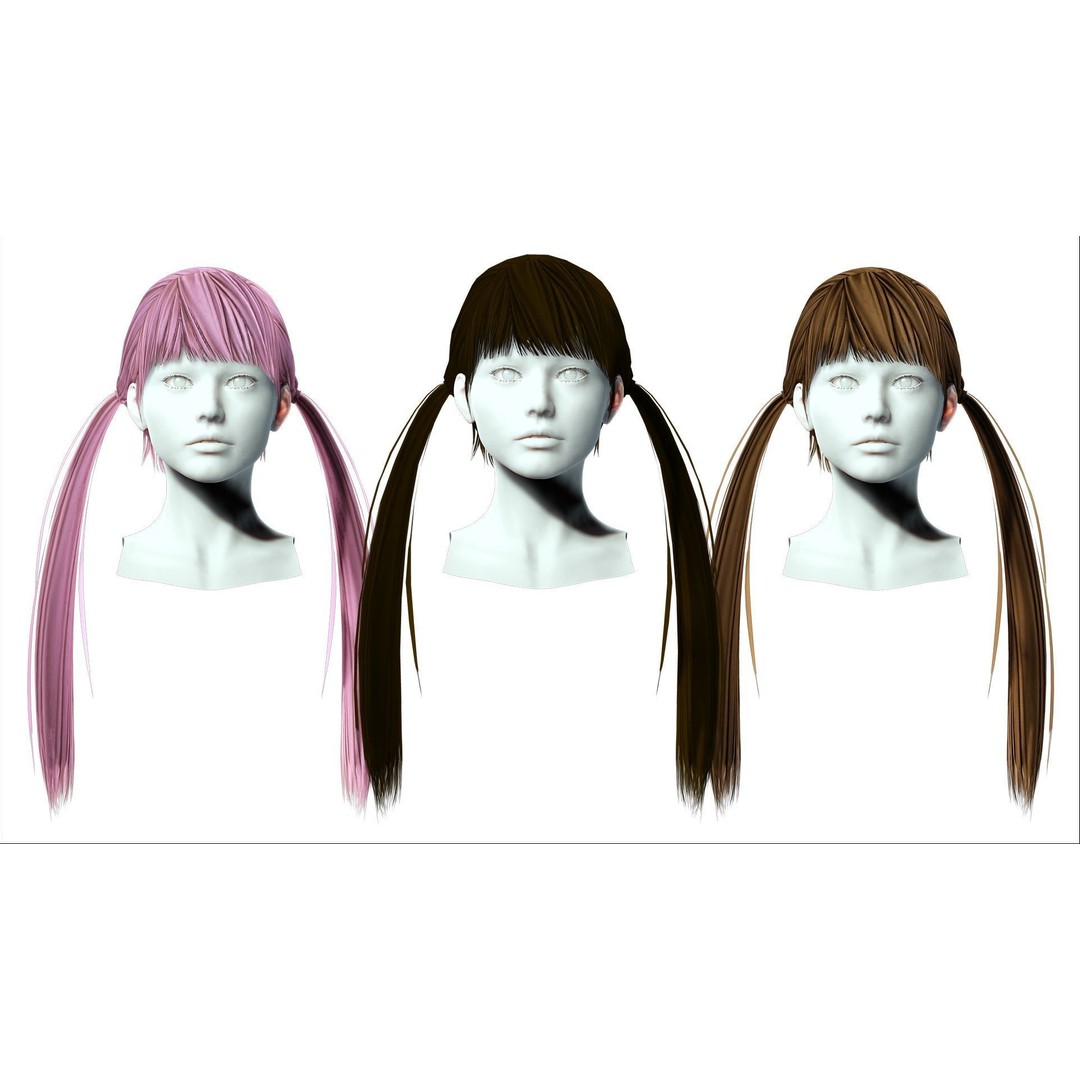 Female Long Up Pigtail 3D Model – Low Poly Hair Style, FBX - View 3