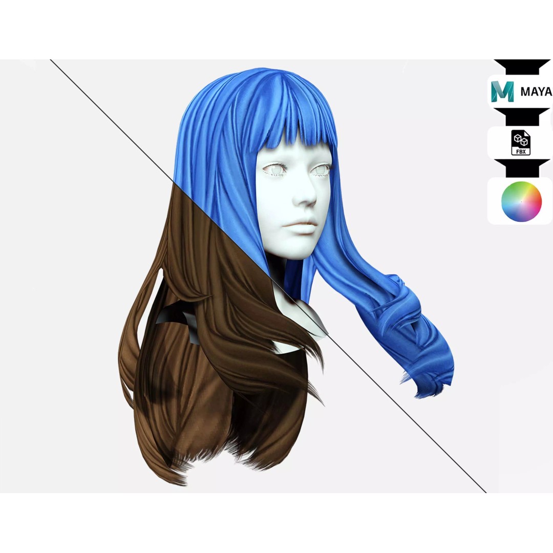 Long Straight Hair 3D Model – Low Poly Hair Asset, FBX, Game Ready - View 2